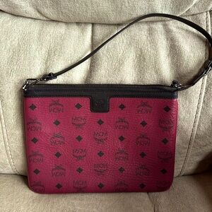 Mcm burgundy and black Viestos Coated Canvas Pochette Shoulder Bag.